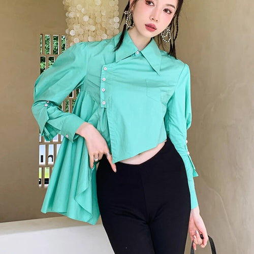 Load image into Gallery viewer, Minimalist Shirts For Women Lapel Long Sleeve Patchwork Button Casual Loose Irregular Summer Blouse Female Fashion
