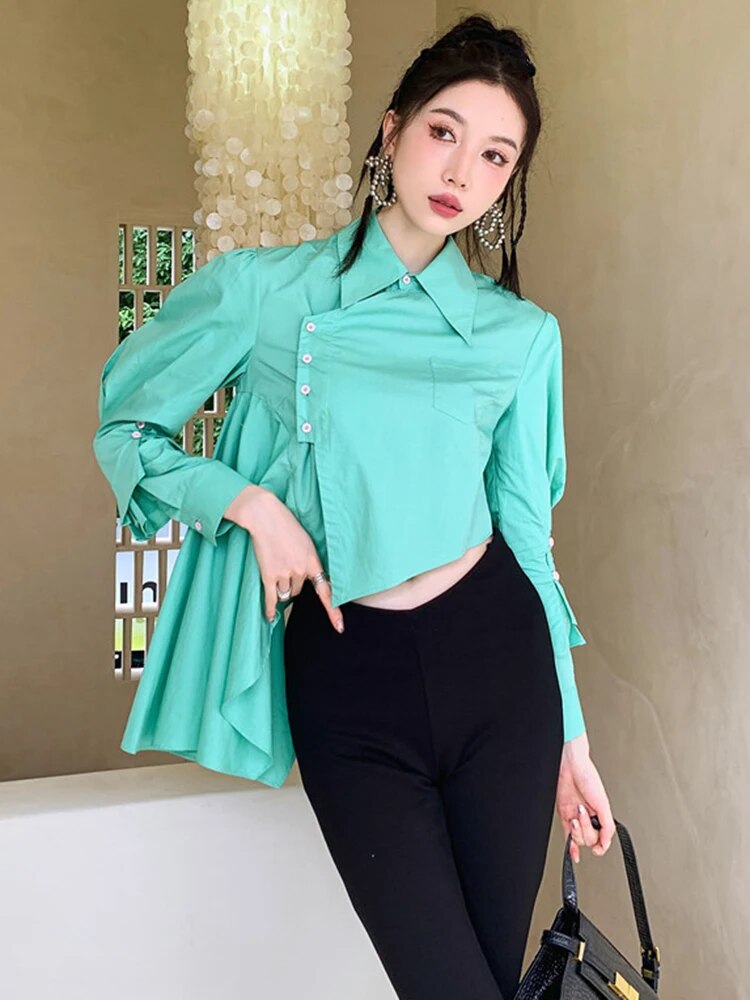 Minimalist Shirts For Women Lapel Long Sleeve Patchwork Button Casual Loose Irregular Summer Blouse Female Fashion