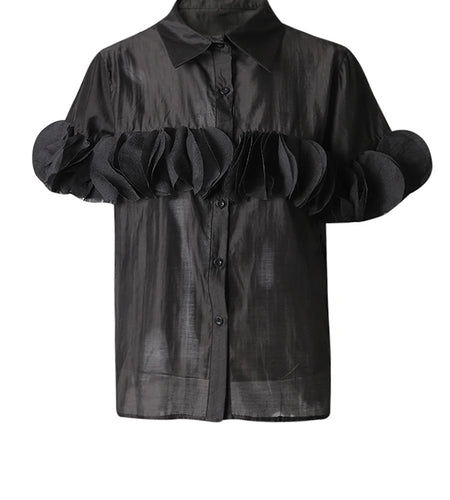 Women Black Dot Patch Shaped Big Size Elegant Blouse New Lapel Short Sleeve Shirt Fashion Tide Spring Summer 2025 CPG3229