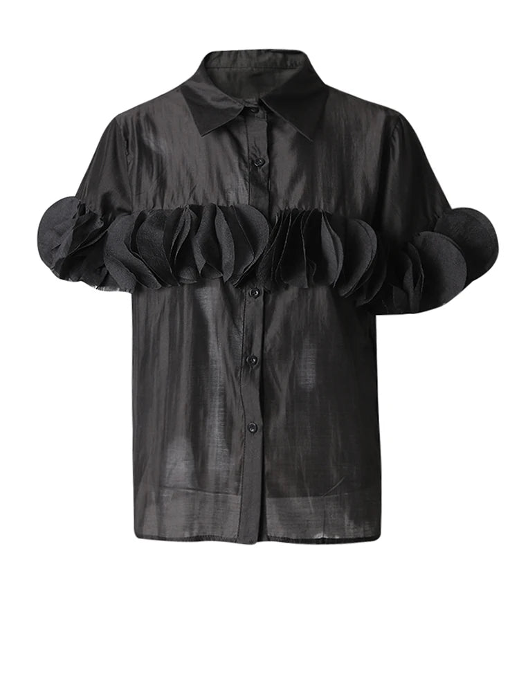 Women Black Dot Patch Shaped Big Size Elegant Blouse New Lapel Short Sleeve Shirt Fashion Tide Spring Summer 2025 CPG3229