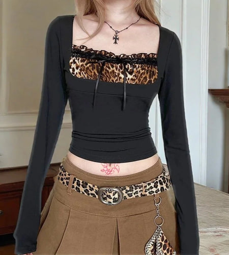 Fairy Grunge Top y2k Clothes Women Leopard Print Bowknot Front Ruffle Trim Square Neck Long Sleeve T Shirt Streetwear