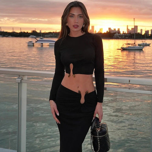 Load image into Gallery viewer, Autumn Winter Skirt Two Pieces Sets Women Sexy Long Sleeve Crop Tops And Elegant Maxi Skirt Sets Ladies Holiday Sets
