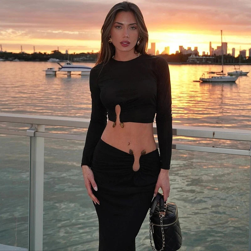 Autumn Winter Skirt Two Pieces Sets Women Sexy Long Sleeve Crop Tops And Elegant Maxi Skirt Sets Ladies Holiday Sets