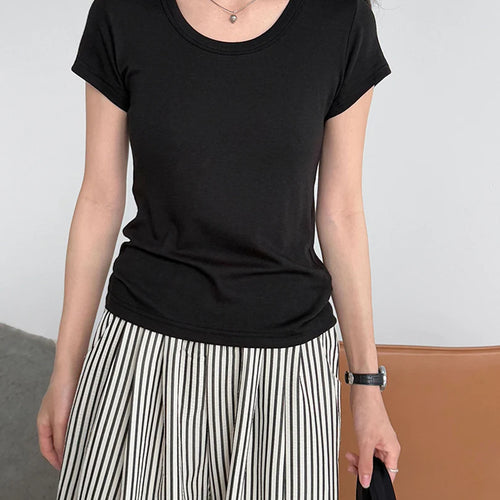 Load image into Gallery viewer, Women Coffee Plain Color Brief Elegant Slim T-shirt New Round Neck Short Sleeve Fashion Tide Spring Summer 2025 1DJ1902
