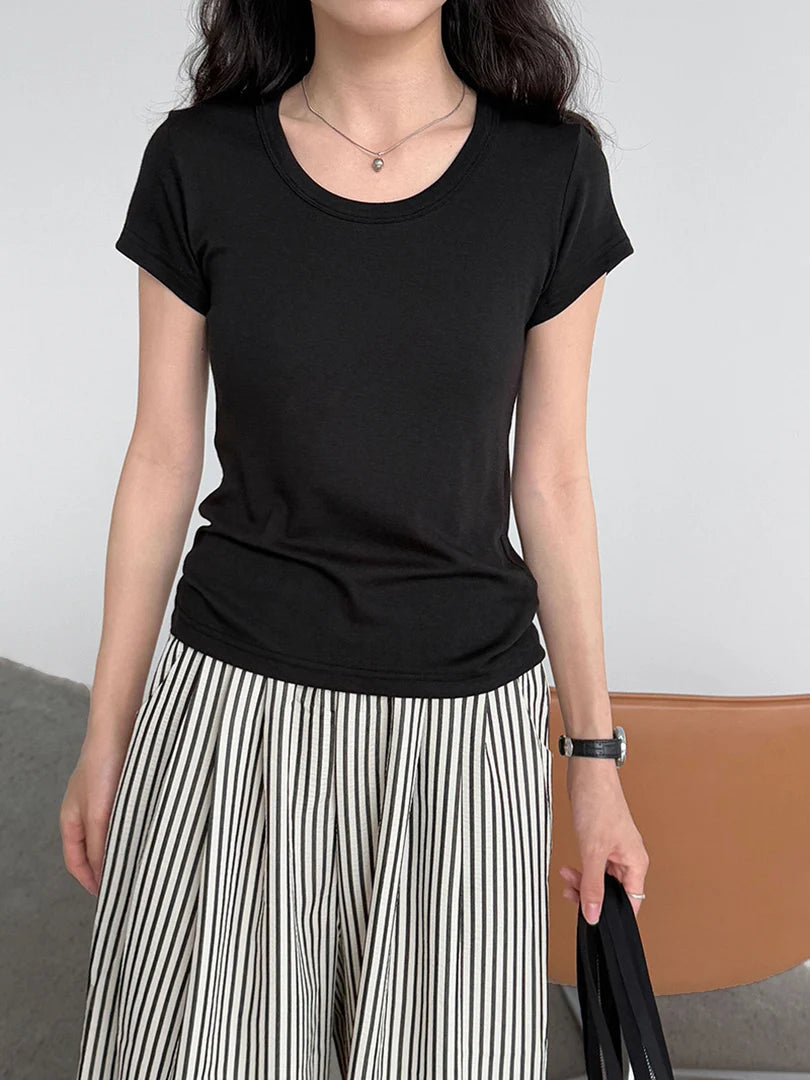 Women Coffee Plain Color Brief Elegant Slim T-shirt New Round Neck Short Sleeve Fashion Tide Spring Summer 2025 1DJ1902