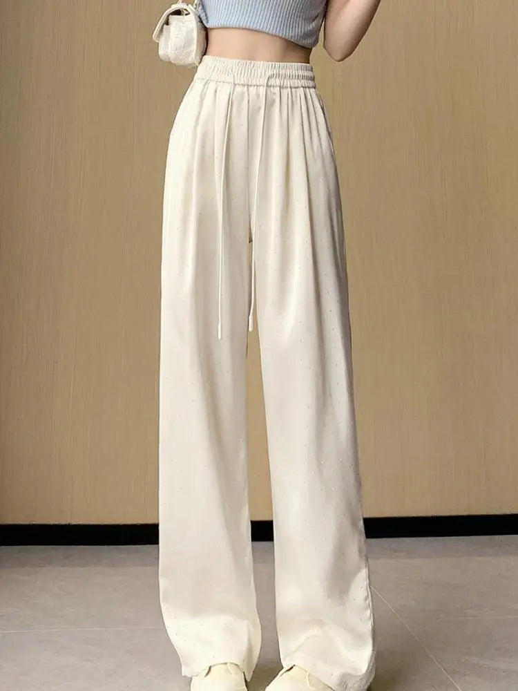 Women Black Diamond Wide Leg Long Pants 2024 Spring Summer White Straight Elastic Drawstring High Waist Lace-up Trousers Casual