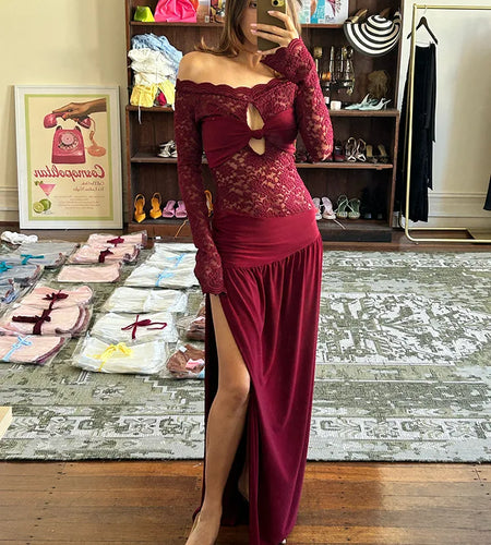 Lace Hollow Out Sexy Maxi Dress Women Gown Off-shoulder Strapless Long Sleeve Backless Split Pleated Long Dress