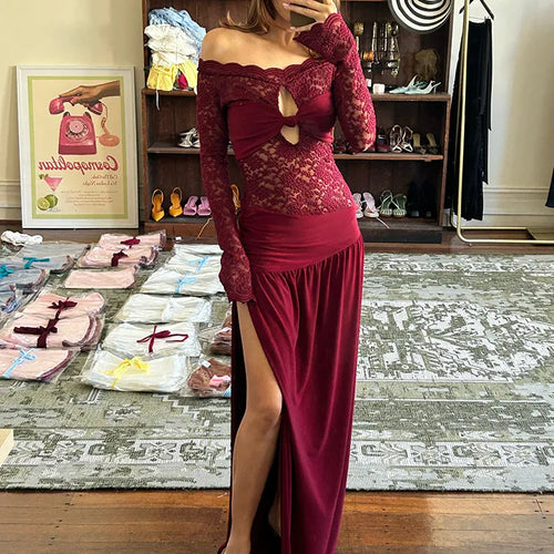 Load image into Gallery viewer, Lace Hollow Out Sexy Maxi Dress Women Gown Off-shoulder Strapless Long Sleeve Backless Split Pleated Long Dress
