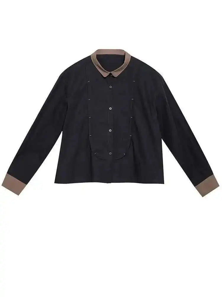 Women Black Color-block Big Size Blouse New Lapel Long Sleeve Loose Fit Shirt Fashion Tide Spring Autumn 2025 1DH0847