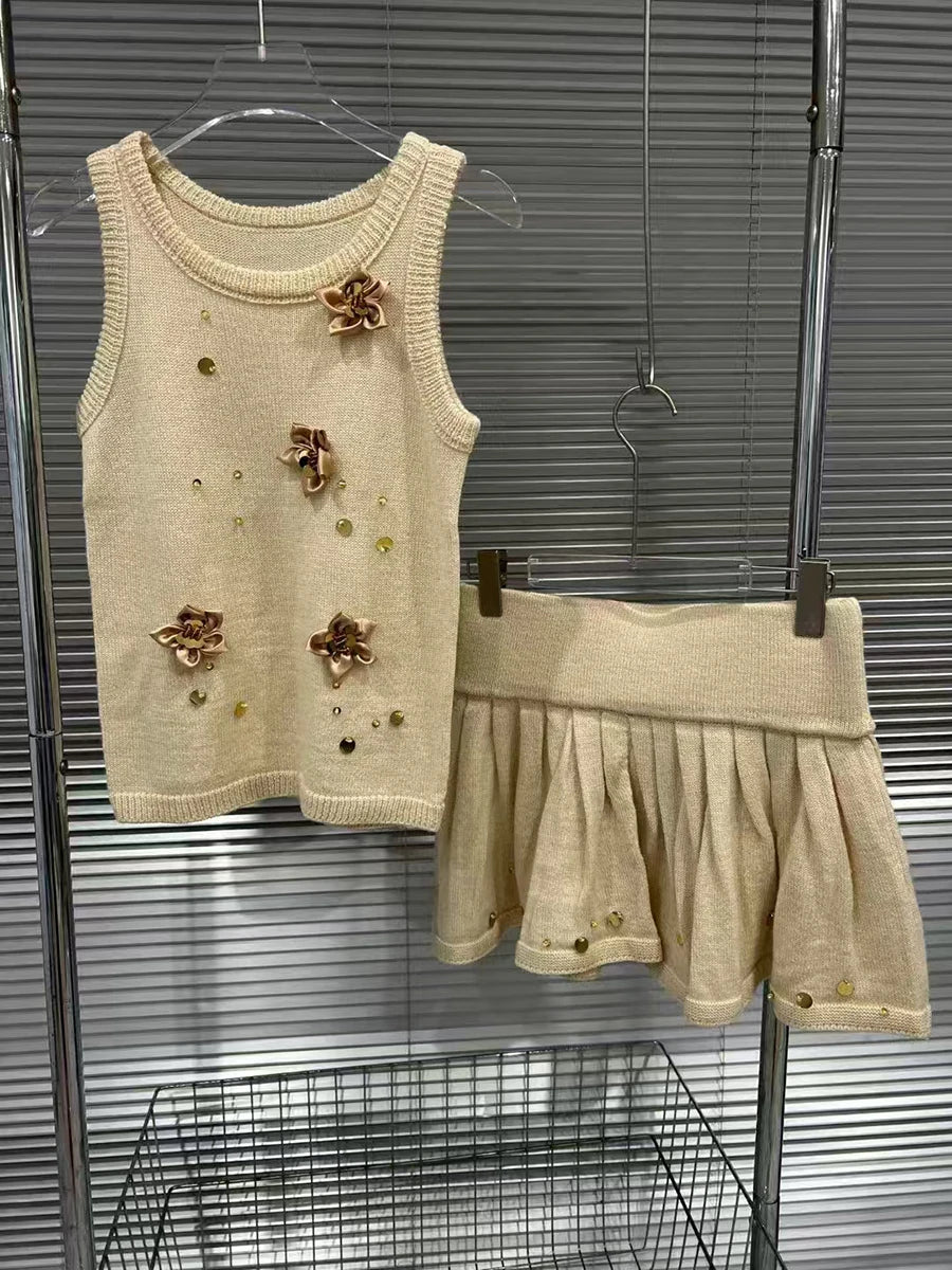 Hit Color Spliced Appliques Slimming Dresses For Women O Neck Sleeveless Vest High Waist Elegant Skirt Sets Female