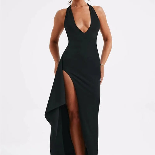 Load image into Gallery viewer, Deep V Neck Thigh High Split Maxi Dress Women Halter Sleeveless Backless Bodycon Club Party Sexy Long Dress New
