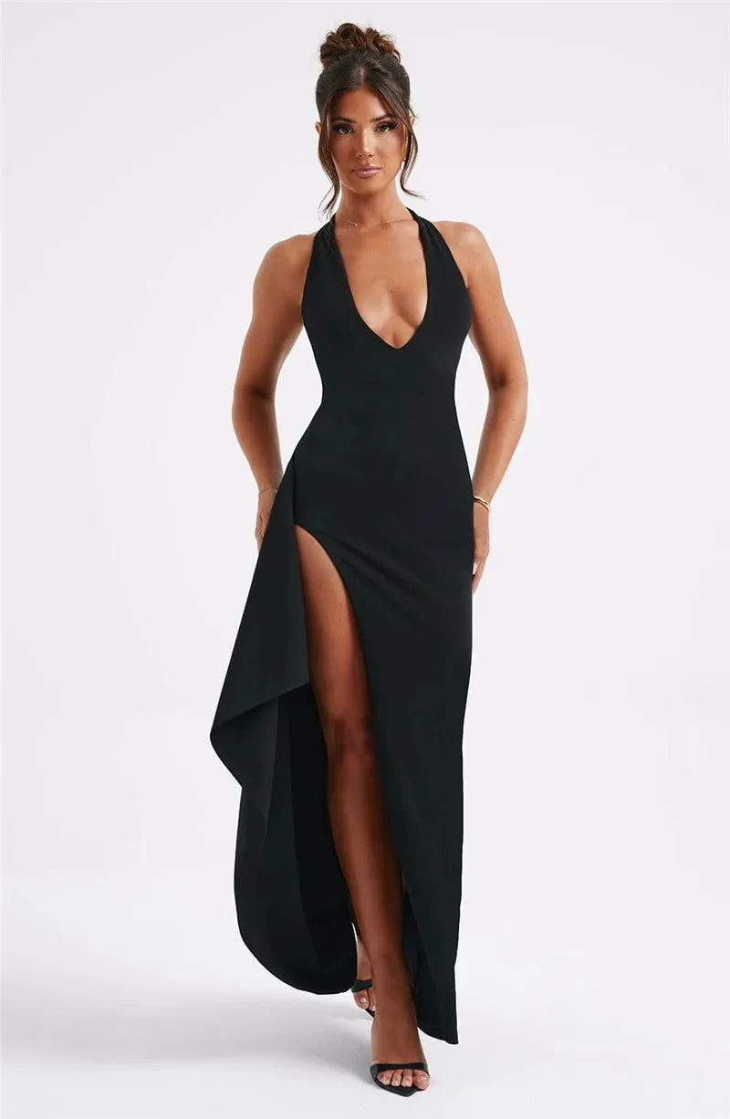 Deep V Neck Thigh High Split Maxi Dress Women Halter Sleeveless Backless Bodycon Club Party Sexy Long Dress New