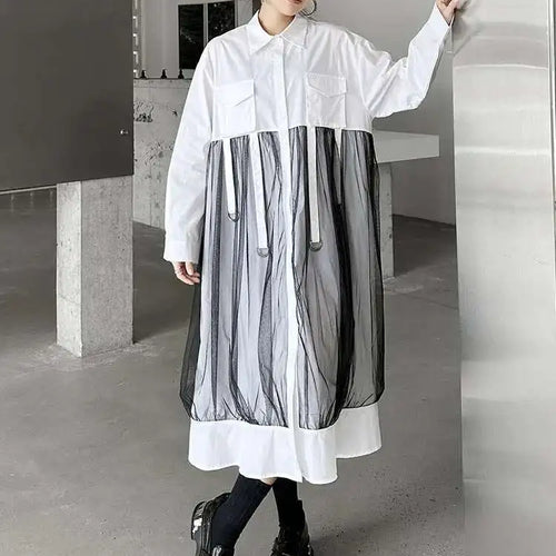 Load image into Gallery viewer, Women White Mesh Ribbons Pocket Big Size Midi Shirt Dress New Lapel Long Sleeve Fashion Tide Spring Autumn 2025 1DH8647
