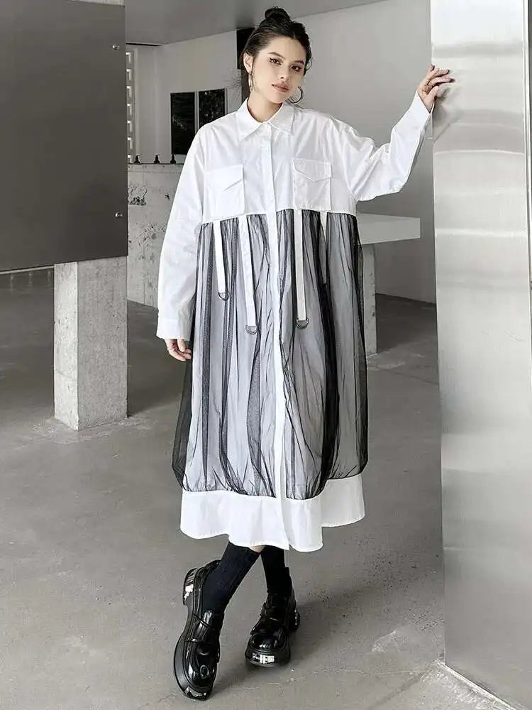 Women White Mesh Ribbons Pocket Big Size Midi Shirt Dress New Lapel Long Sleeve Fashion Tide Spring Autumn 2025 1DH8647