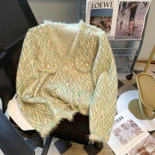 Load image into Gallery viewer, Korean White Imitation Mink Knitted Tops Women Spring Autumn Soft Cardigan Pink Sweater Casual Green Tassel Design Stripe Coat
