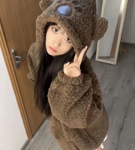 Japanese Style Autumn Winter Women Sweet Lamb Wool Jacket Kawaii Soft Bear Ears Hooded Coats Kawaii Tops Y2k Girls Cute Outwear