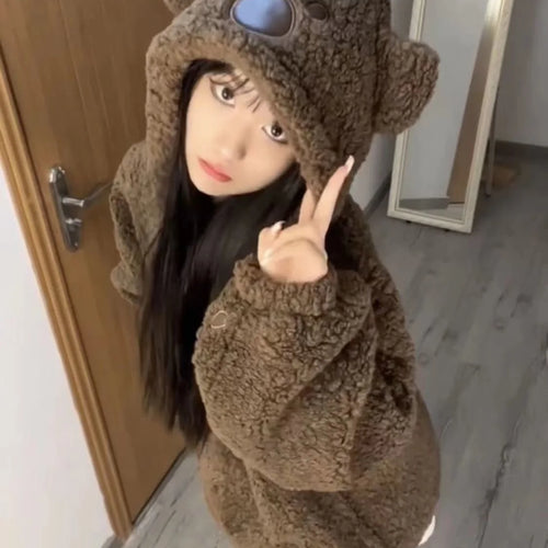 Load image into Gallery viewer, Japanese Style Autumn Winter Women Sweet Lamb Wool Jacket Kawaii Soft Bear Ears Hooded Coats Kawaii Tops Y2k Girls Cute Outwear
