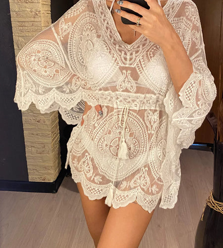 Sexy Lace See Through Long Sleeve Tunic Beach Cover Up Cover-ups Beach Dress Beach Wear Beachwear Female Women V4528