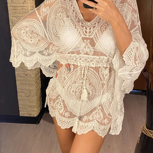 Load image into Gallery viewer, Sexy Lace See Through Long Sleeve Tunic Beach Cover Up Cover-ups Beach Dress Beach Wear Beachwear Female Women V4528
