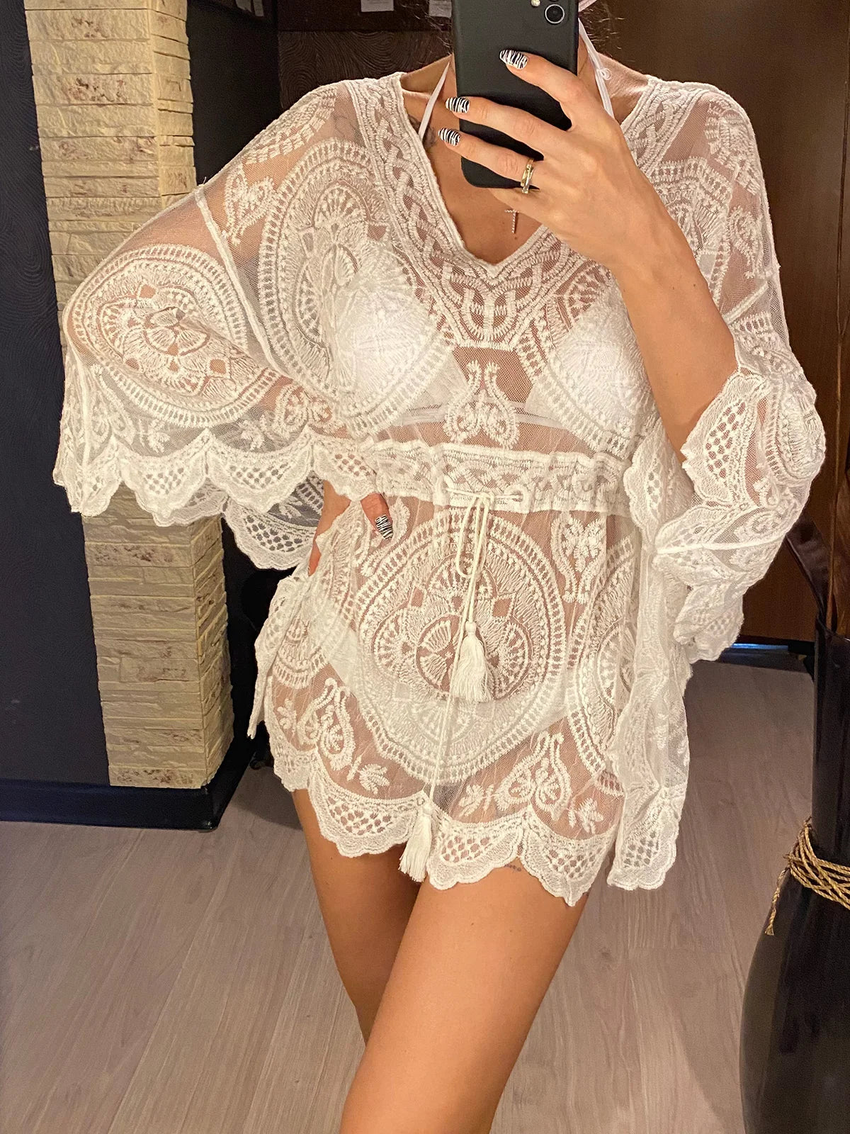 Sexy Lace See Through Long Sleeve Tunic Beach Cover Up Cover-ups Beach Dress Beach Wear Beachwear Female Women V4528