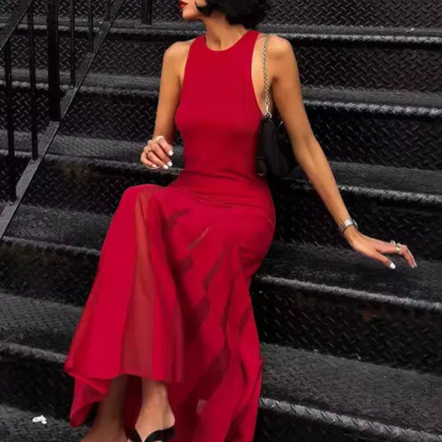 Load image into Gallery viewer, Red Sleeveless Knit Dress For Women Fashion Hollow Out O Neck Pleated Maxi Dress Ladies Solid Beach Party Long Dress
