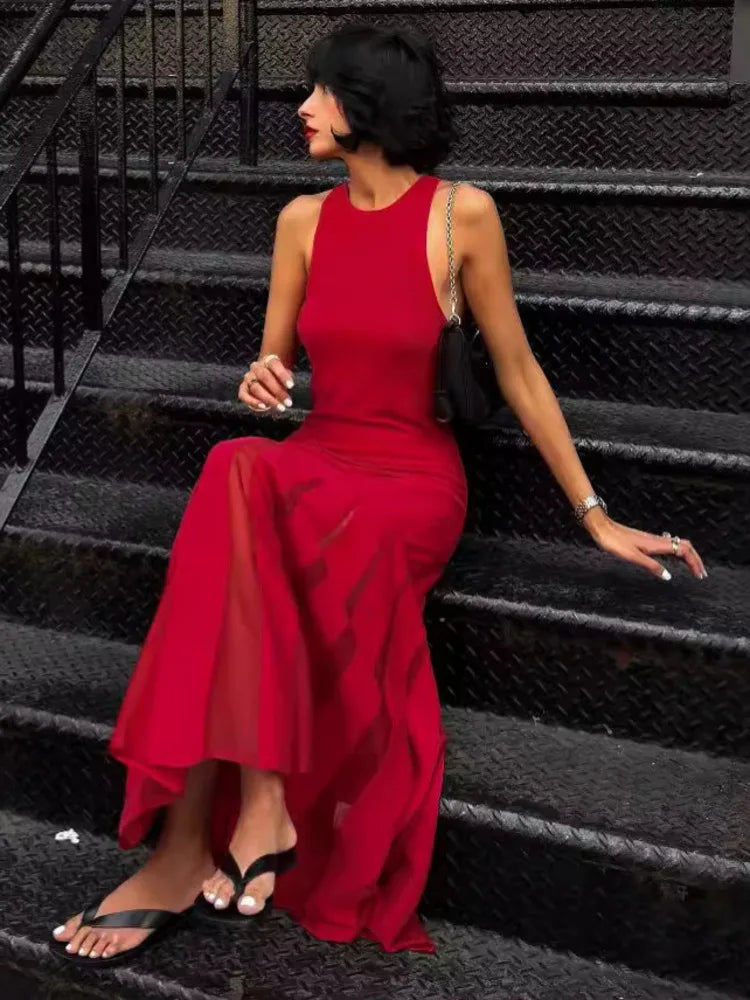 Red Sleeveless Knit Dress For Women Fashion Hollow Out O Neck Pleated Maxi Dress Ladies Solid Beach Party Long Dress