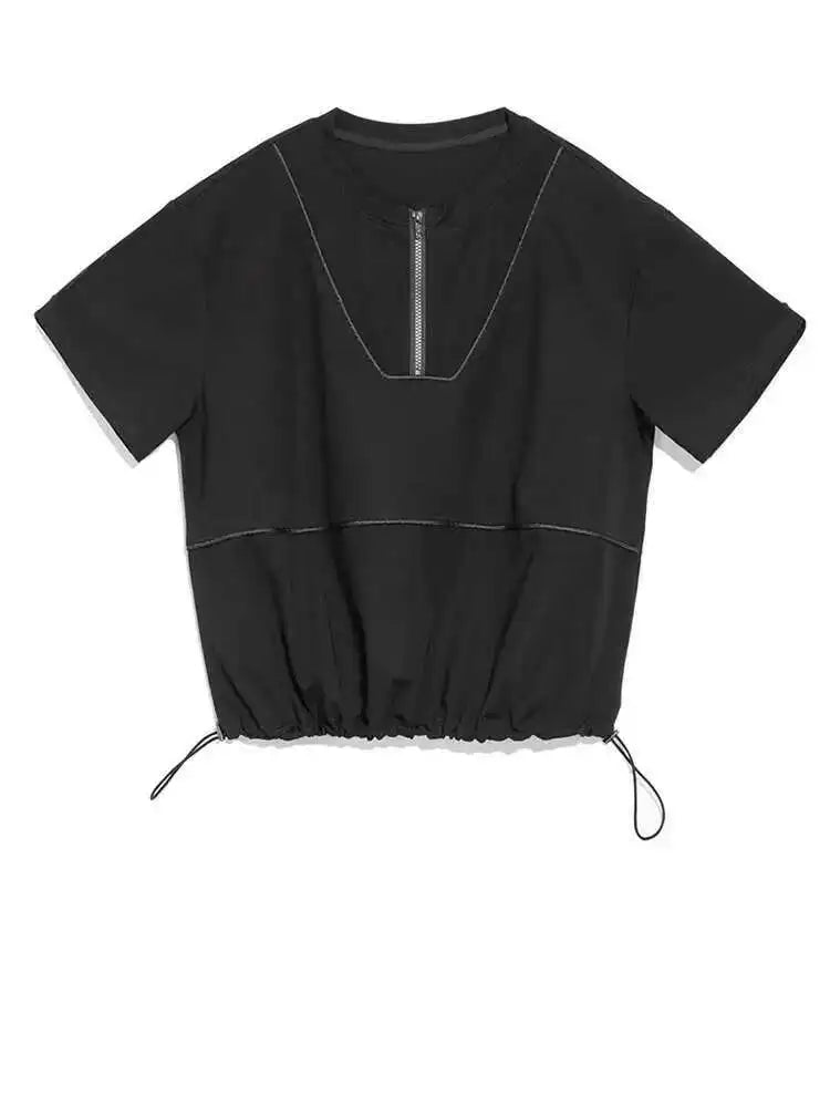 Women Black Zipper Spliced Drawstring Big Size T-shirt New Round Neck Short Sleeve Fashion Tide Spring Summer 2025 1DH5068