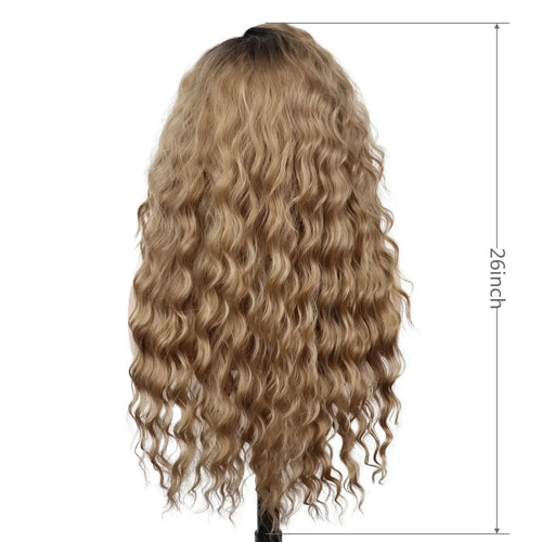 Load image into Gallery viewer, Synthetic Long Wave Wig for Woman Natural Brown Wig with Clip Free Part Side Bangs 80s Curly Wigs for Women Ombre Wig
