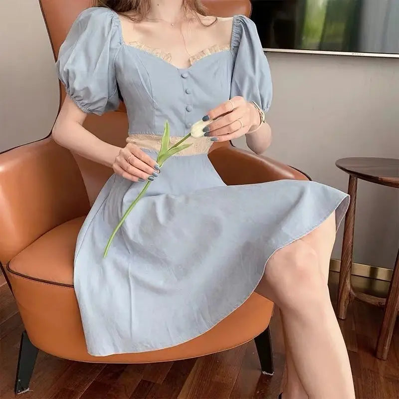 Vintage Elegant Puff Sleeve Dress Women Mori Soft Retro Elegant Short Dresses Party Square Collar Robes Summer