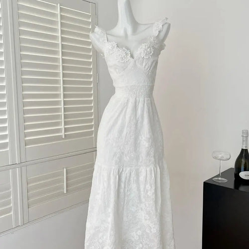 Load image into Gallery viewer, French White Flower Lace Backless Vacation Long Dress Summer Sexy V-neck High Waist Party Elegant Sleeveless Ruffles Dress Women
