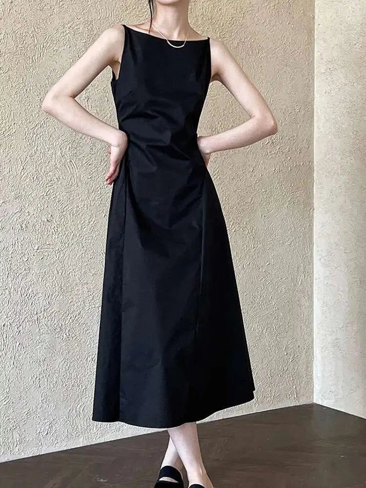 Women Black Pleated Elegant Pleated Long A-line Dress New Round Neck Sleeveless Fashion Tide Spring Summer 2025 1DH6117