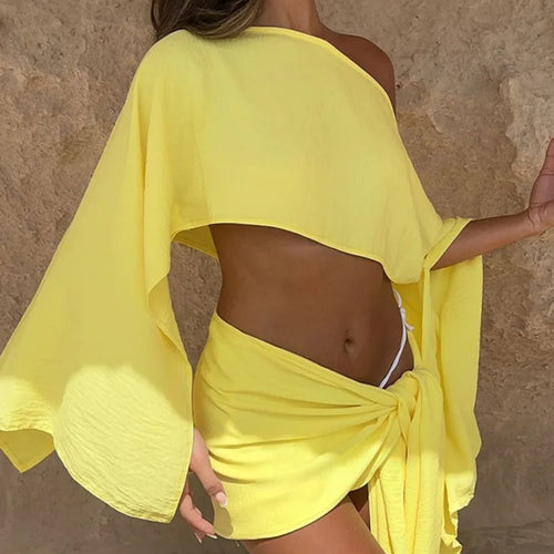 Load image into Gallery viewer, Sexy Skirt Two Piece Sets Women Skew Collar Cape Sleeve Crop Tops And Hot Skirt Matching Sets Sexy Beach Two Piece Set
