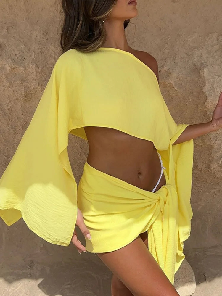Sexy Skirt Two Piece Sets Women Skew Collar Cape Sleeve Crop Tops And Hot Skirt Matching Sets Sexy Beach Two Piece Set
