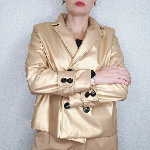 Load image into Gallery viewer, Autumn Winter Gold Faux Leather Jackets Women 2024 New Outwear Long Sleeves PU Leather Short Coats Outwear for Female
