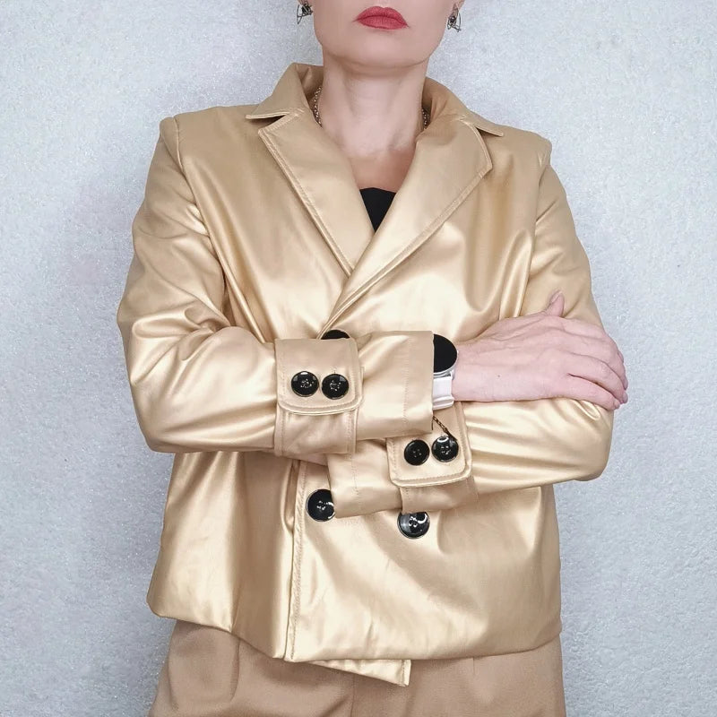 Autumn Winter Gold Faux Leather Jackets Women 2024 New Outwear Long Sleeves PU Leather Short Coats Outwear for Female