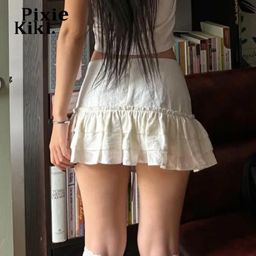 Load image into Gallery viewer, Lace Up Ruffle Skirt Kawaii White Mini Skirt School Girl Sexy Summer Bottoms Faldas Coquette Y2k Clothes P67-DZ15
