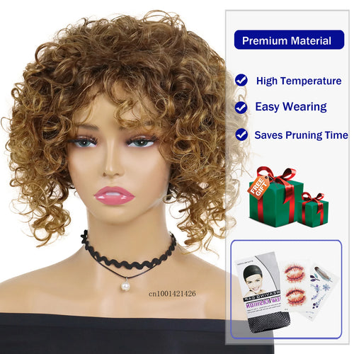 Load image into Gallery viewer, Curly Wig with Bangs Synthetic Short Curly Wigs for Black Women Colly Frizzy Top Mommy Wigs Outfits Daily Use Natural Haircuts
