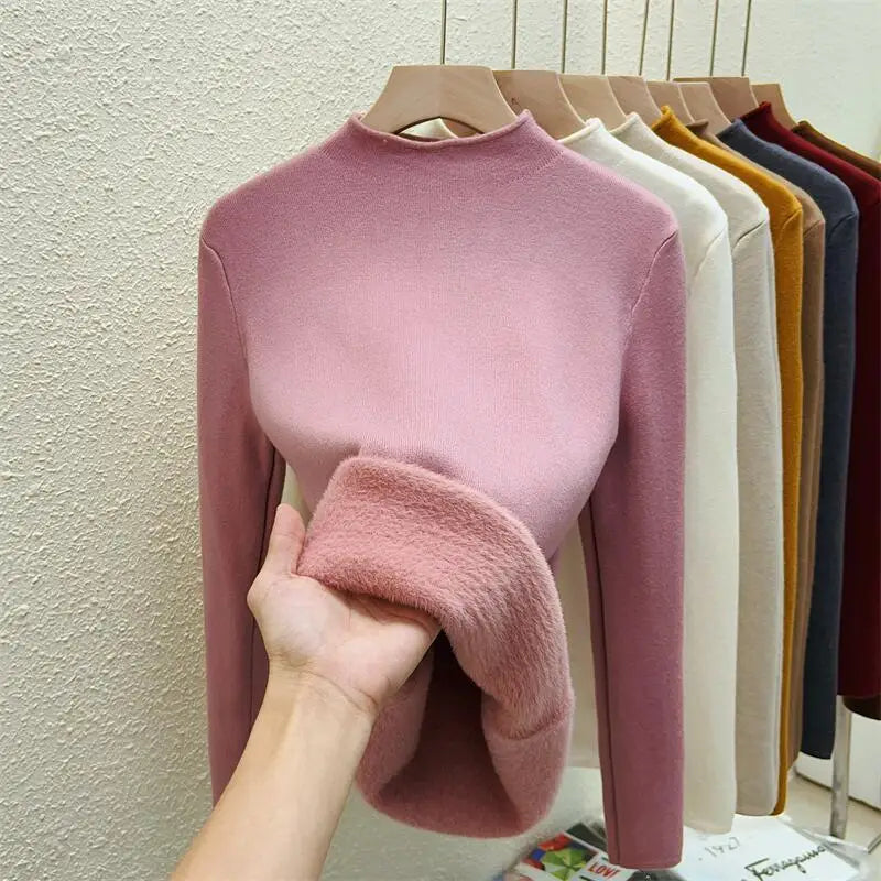 Autumn Winter Women Solid Half High Neck Velvet Sweater Korean Fashion Warm Knitwear Long Sleeve Pullovers Tops Thick Simplicity