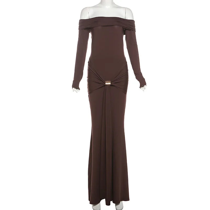 Off-shoulder Long Sleeve Sexy Maxi Dress For Women Fashion Strapless Backless Draped Bodycon Club Party Long Dress