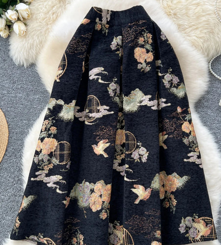 French Retro Women Fashion Bohemian Black Floral Elegant Party Long Skirt Streetwear Autumn Winter High Waist Pleated Skirt Chic