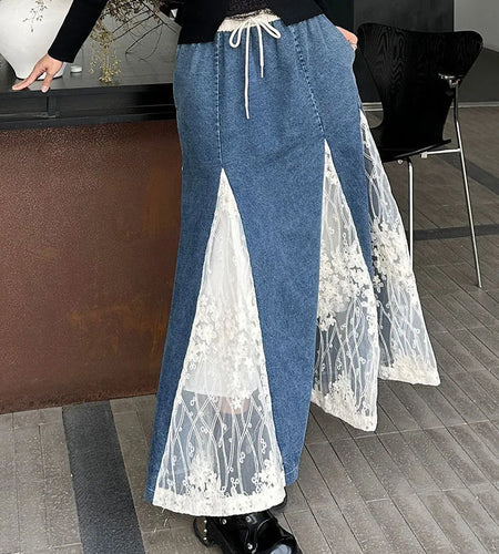 High Elastic Waist Apricot Blue Denim Lace Mermaid Half-body Skirt Women Fashion Tide New Spring Autumn 2025 1DH8648