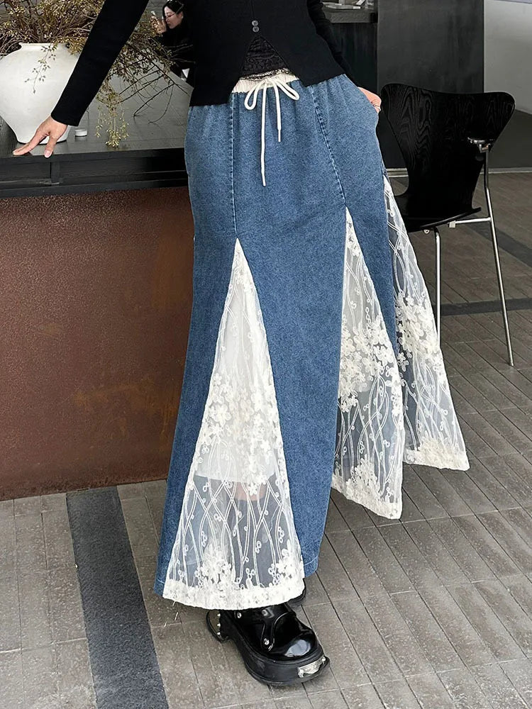 High Elastic Waist Apricot Blue Denim Lace Mermaid Half-body Skirt Women Fashion Tide New Spring Autumn 2025 1DH8648