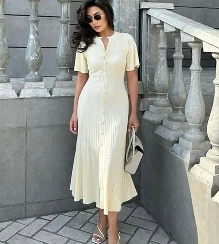 Elegant Solid Pleated Hem Women Knit Midi Dress Chic O-neck Short Sleeve Single-breasted Hip Wrap Dresses Lady High Street Robes