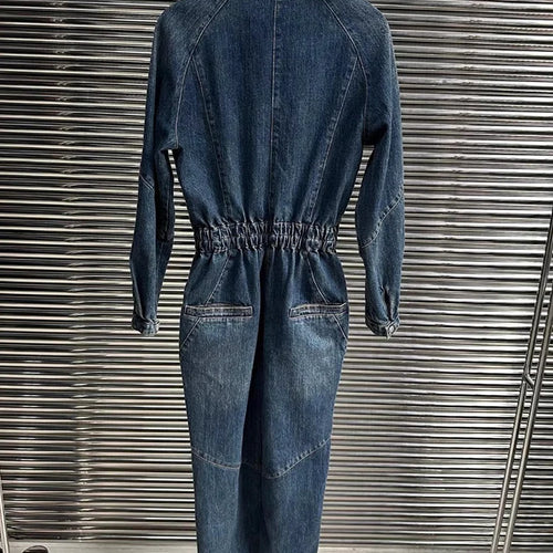 Load image into Gallery viewer, Solid Patchwork Pockets Casual Denim Jumpsuits For Women Lapel Long Sleeve High Waist Vintage Straight Jumpsuit Female
