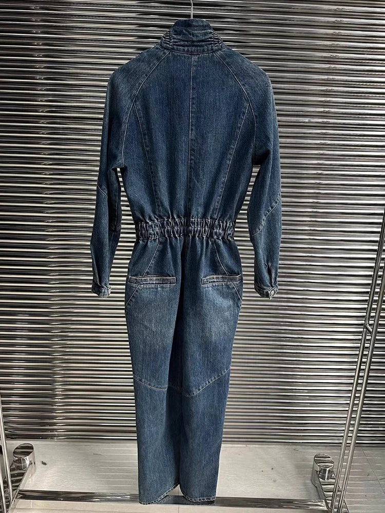 Solid Patchwork Pockets Casual Denim Jumpsuits For Women Lapel Long Sleeve High Waist Vintage Straight Jumpsuit Female