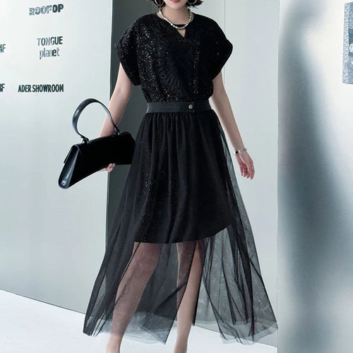 Load image into Gallery viewer, Black Sequins Dress Mesh Skirt Two Pieces Suit New Round Neck Short Sleeve Women Fashion Tide Spring Summer 2025 1DJ1153
