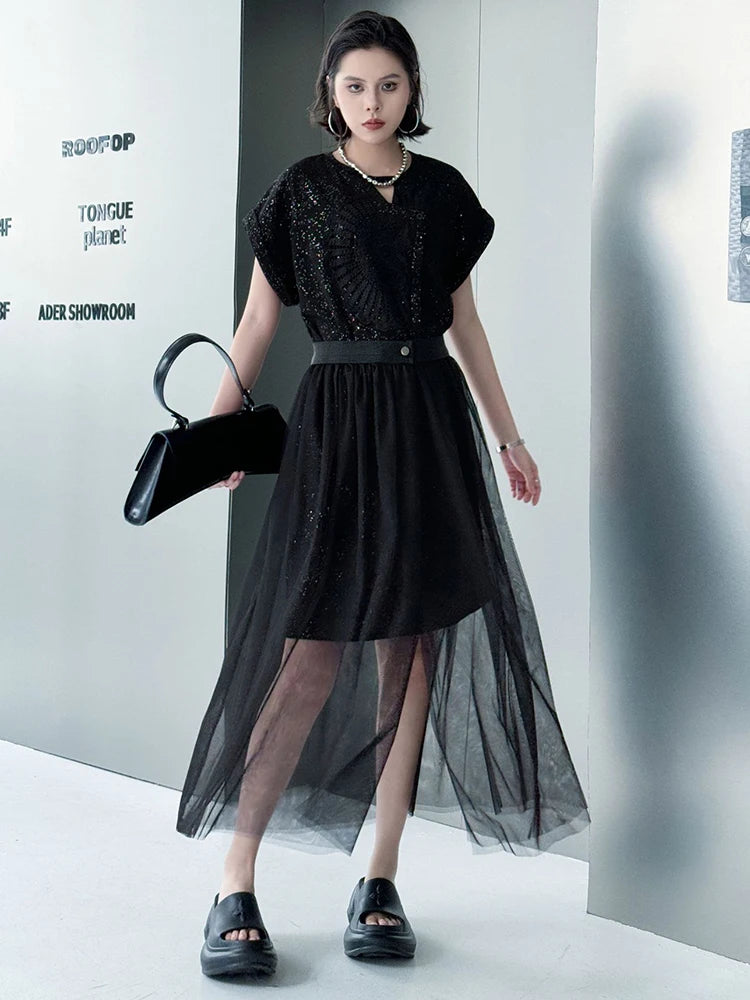 Black Sequins Dress Mesh Skirt Two Pieces Suit New Round Neck Short Sleeve Women Fashion Tide Spring Summer 2025 1DJ1153