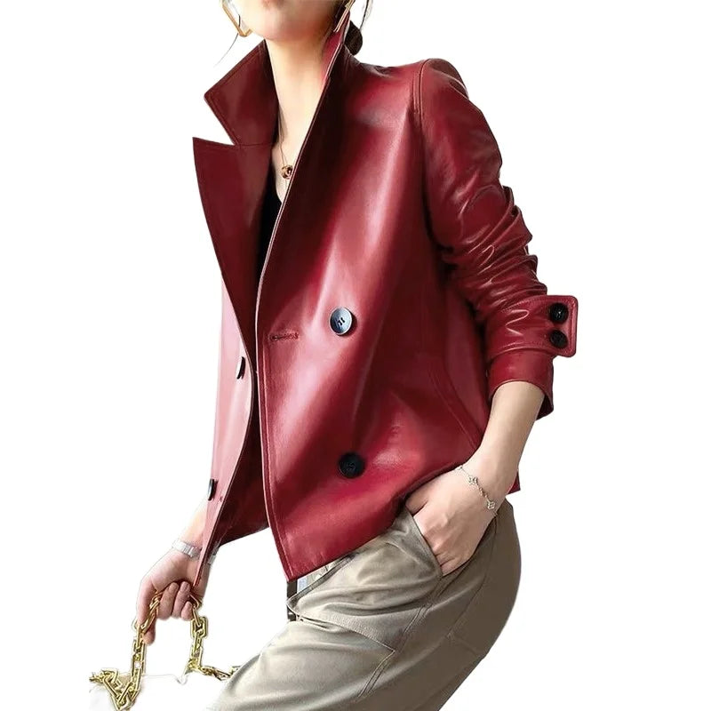 Autumn Winter Green Faux Leather Jackets Women 2024 New Outwear Long Sleeves PU Leather Short Coats Outwear for Female