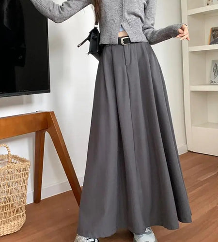 Korean Black High Waist Pleated Woman Grey Suit Skirt Female 2023 Autumn Ladies Casual Fashion Beige Festival A-line Long Skirts