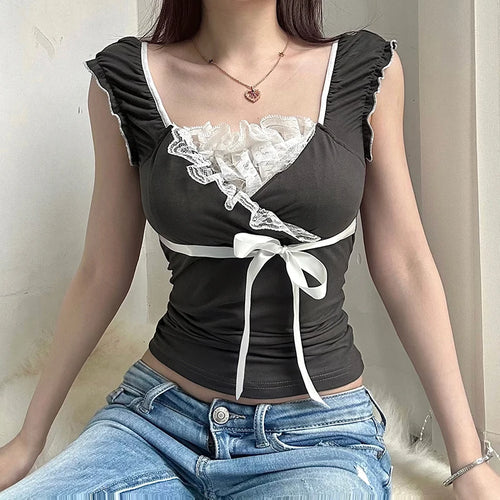 Load image into Gallery viewer, Vintage Y2K Aesthetic Ruched Sweet Women T-shirts Korean Lace Patched Slim Tie-Up Bow Crop Top Tee Girls Cute Outfits
